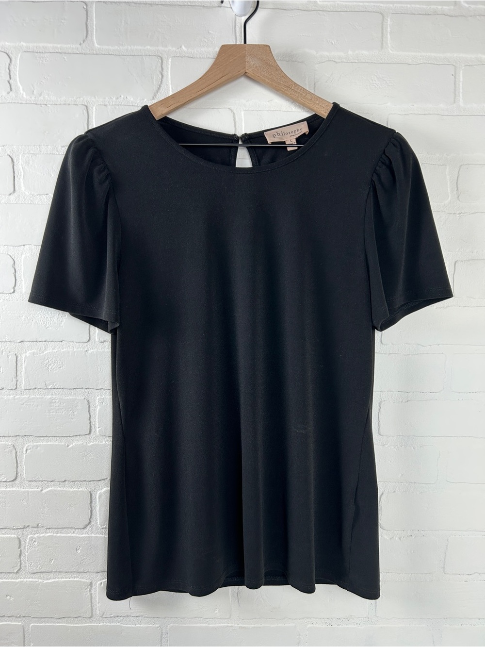 Philosophy Black Short Sleeve Puff Shoulder Top